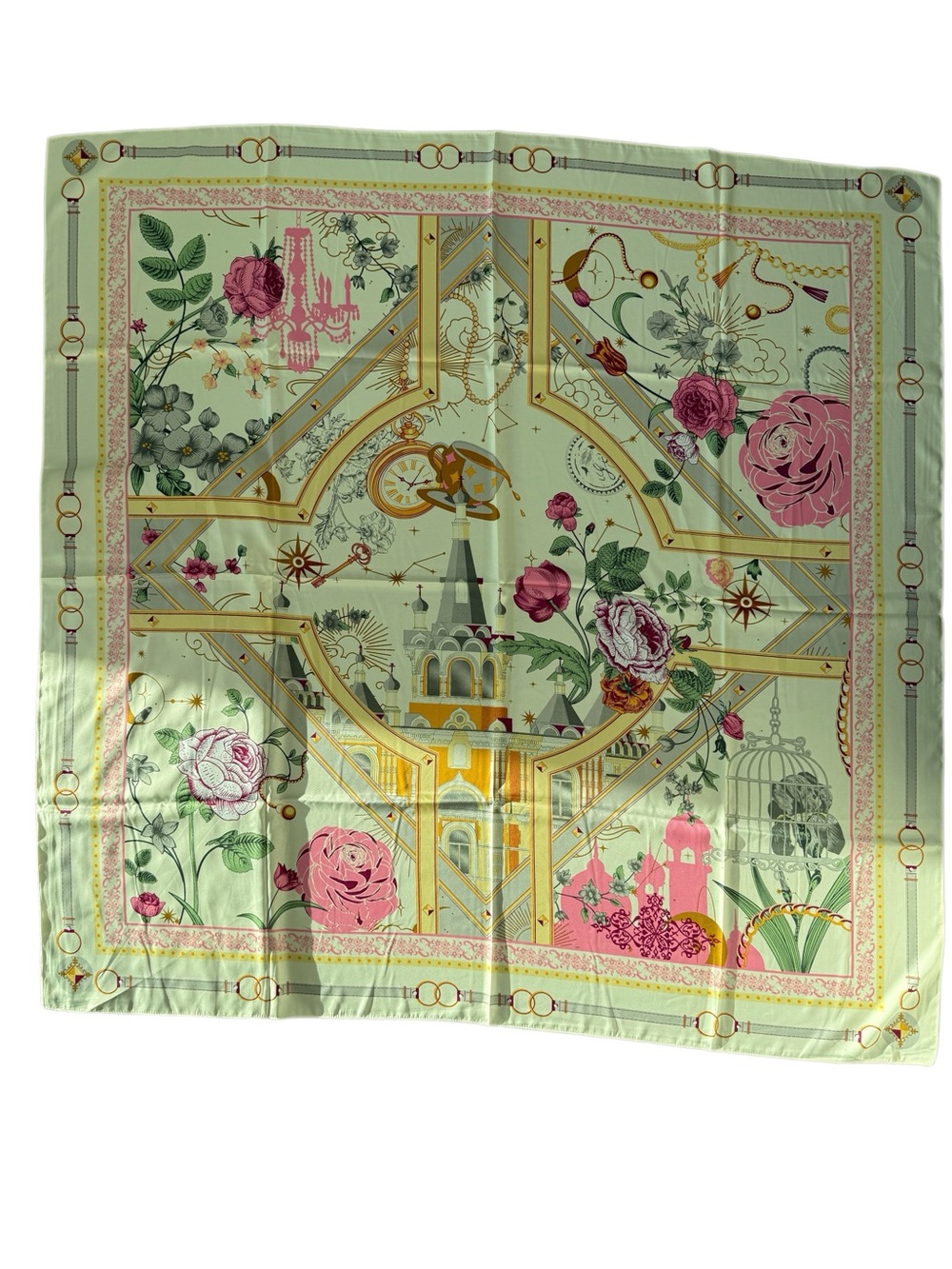 Floral Mint and Pink Silk-Feel Square Scarf with Gold Accents